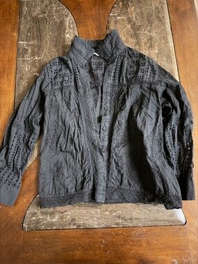 Zara Black Eyelet Lace-Trim Button Jacket
